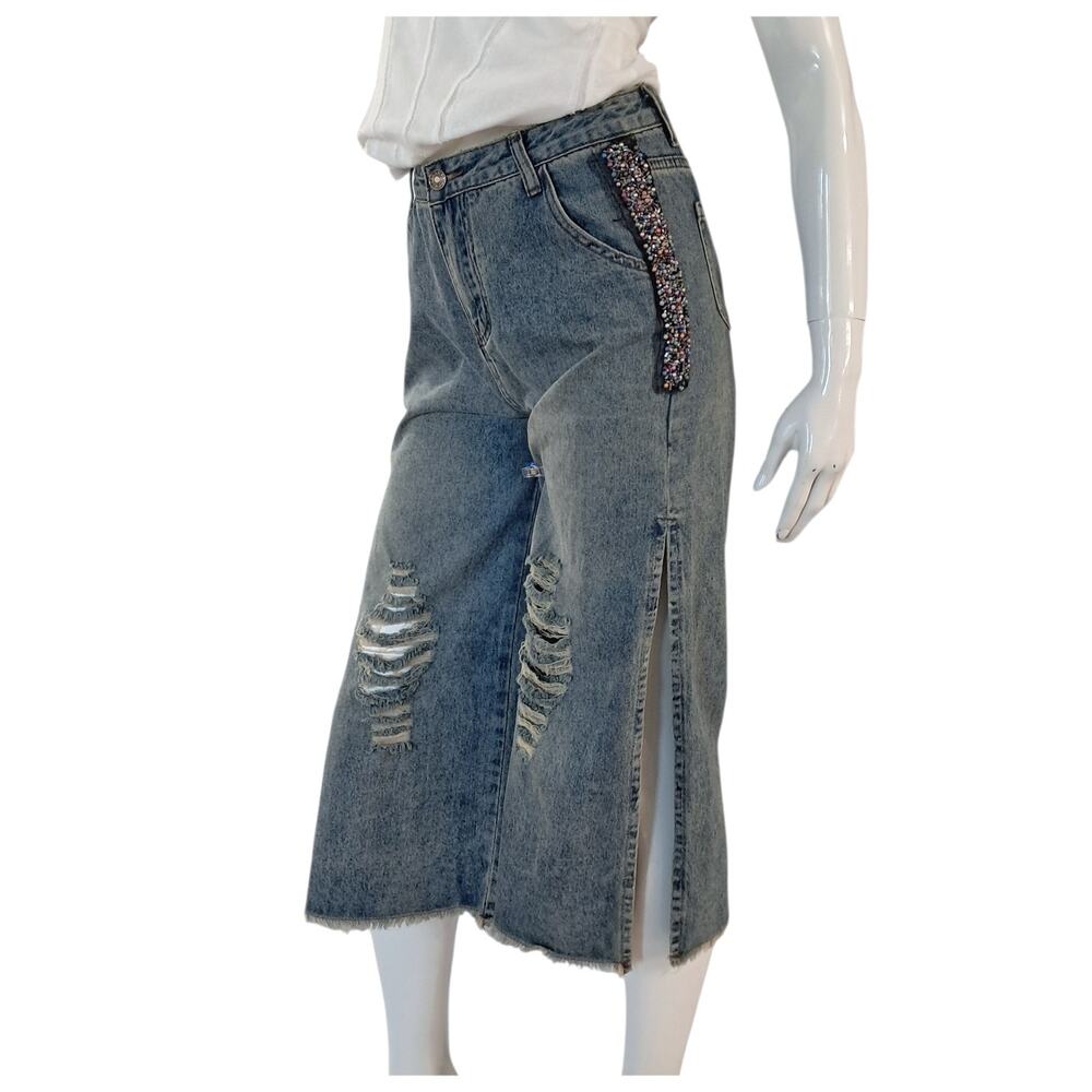 Jort Jeans Side Slits Beaded Trim Juniors Sz L Distressed High Waist Streetwear